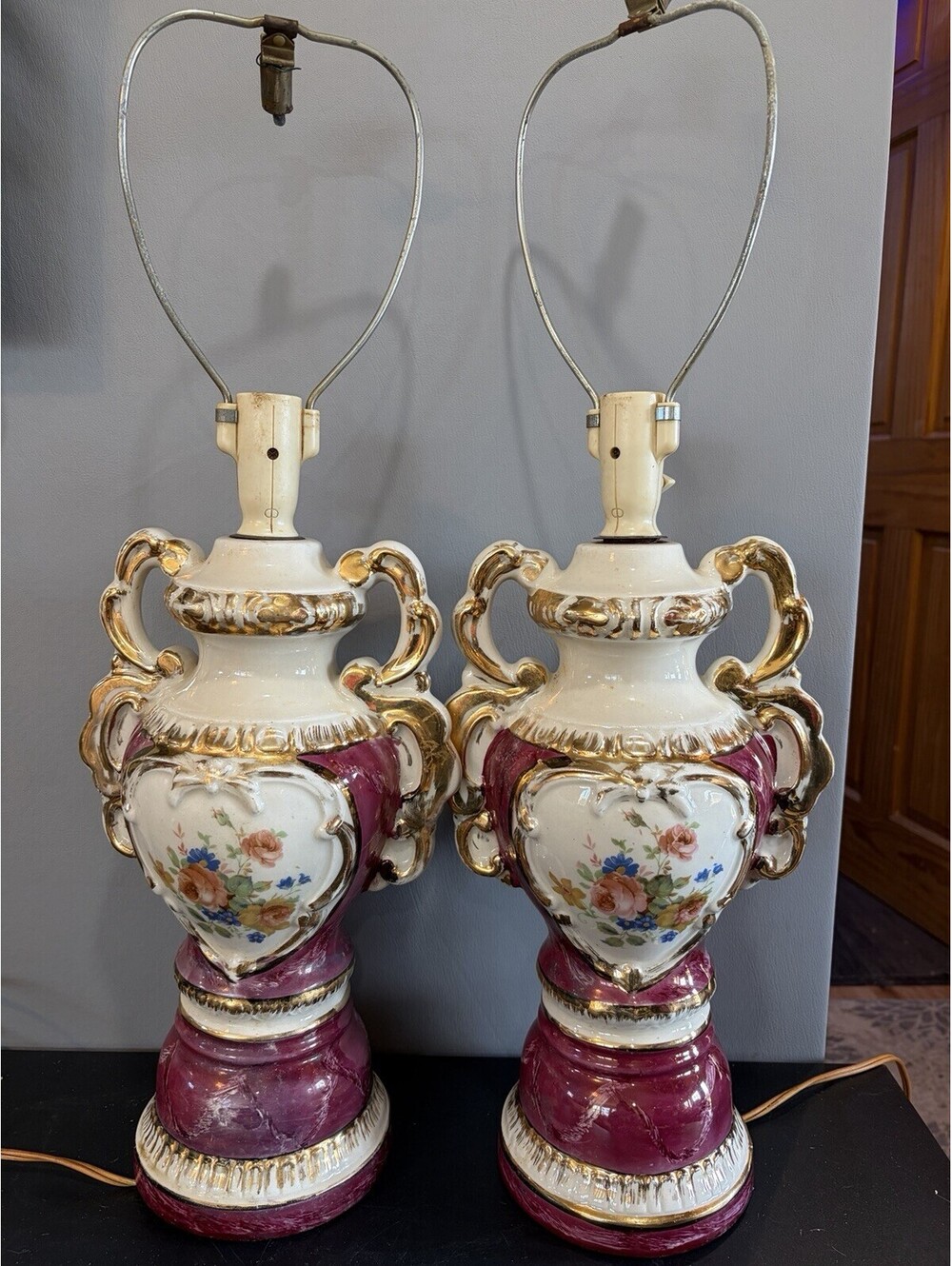 RARE - Victorian Style Porcelain Urn Style Table Lamps w/Handles- (Set Of 2)
